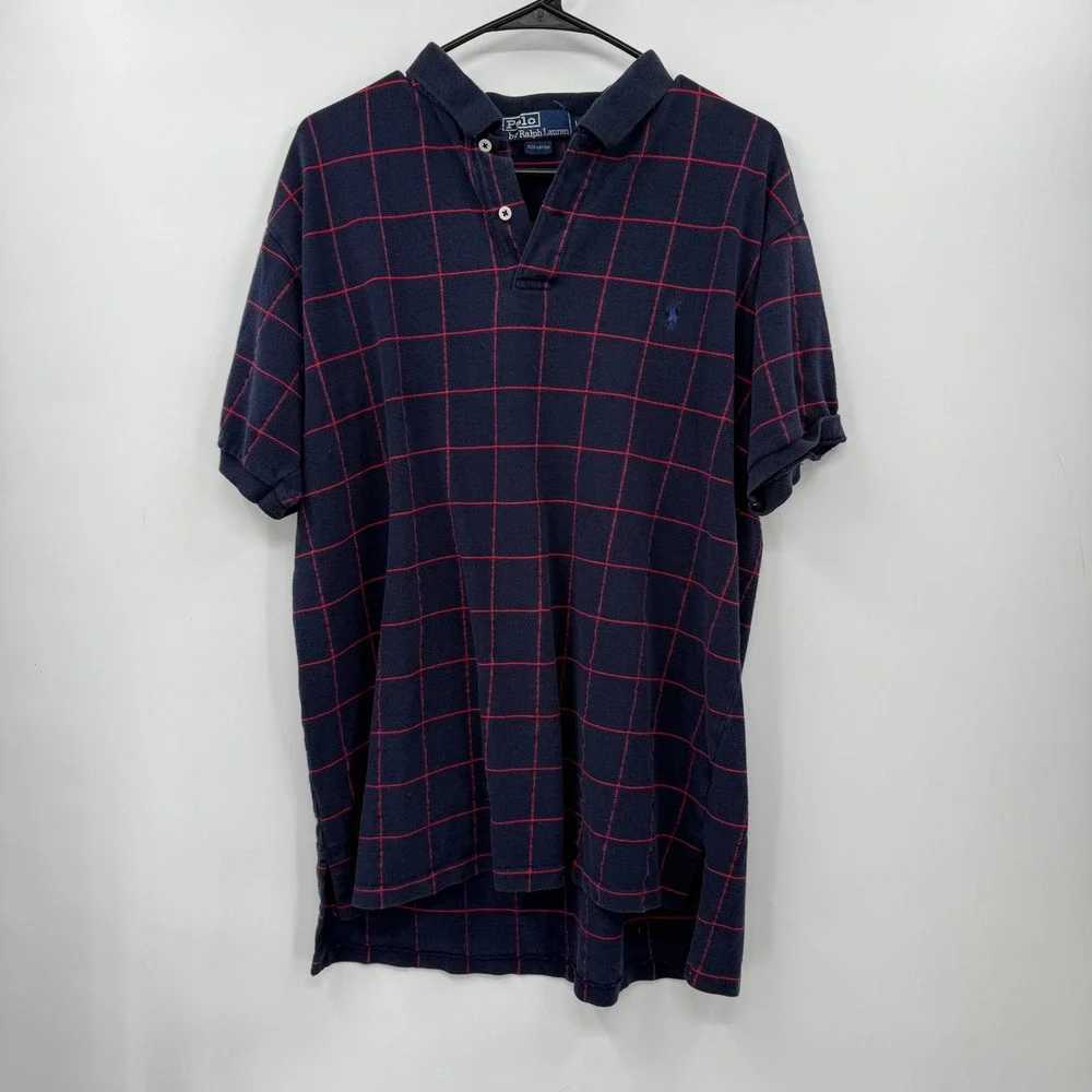 Polo by Ralph Lauren‎ Men's Navy Red Plaid Classic Fit Polo Shirt Size L